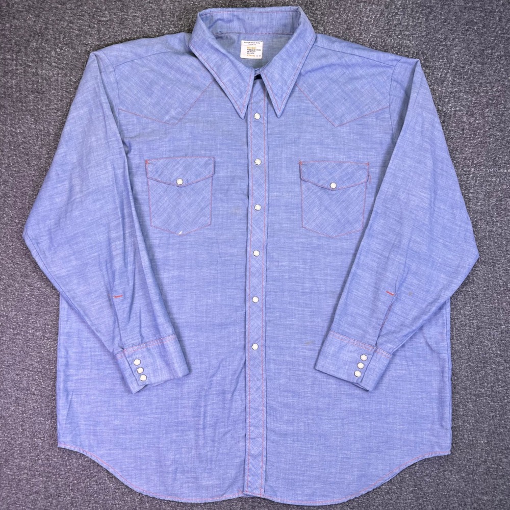 VTG 70s Big Mac Western Shirt Men 3XL Chambray Pearl Snap Retro Rugged Americana